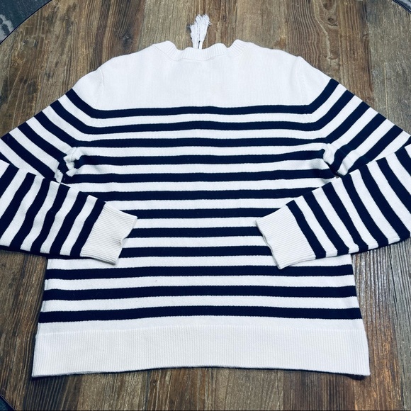 Banana Republic Ivory & Navy Stripe Nautical Lace Up Front Pullover Sweater L - Picture 7 of 9